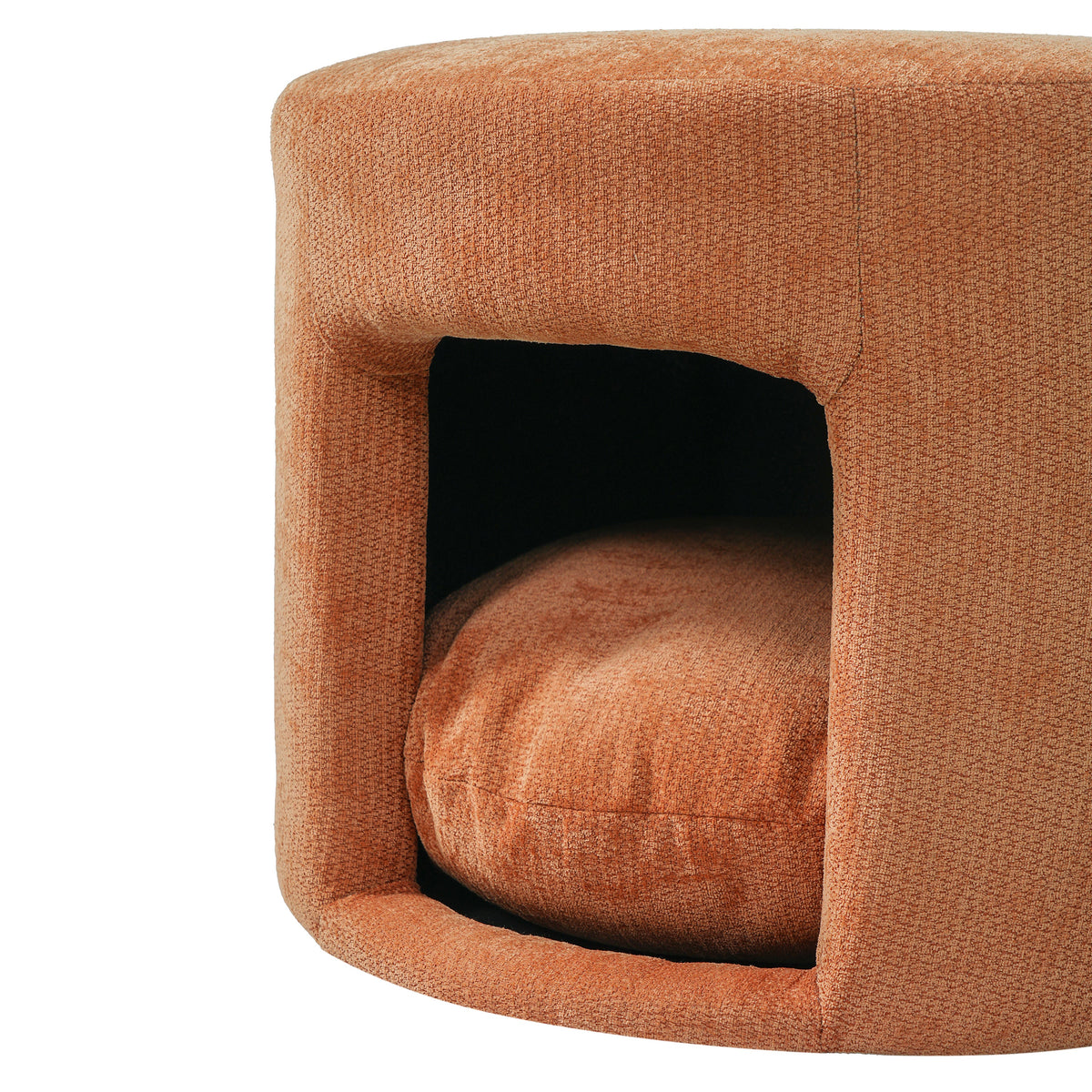 Orange pet-friendly ottoman with removable cushion; textured upholstery; ideal accent piece for living rooms