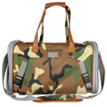 Load image into Gallery viewer, Mr. Peanut's Gold Series Prints Edition Pet Carrier, camouflage fabric with tan leather trim, airline compliant
