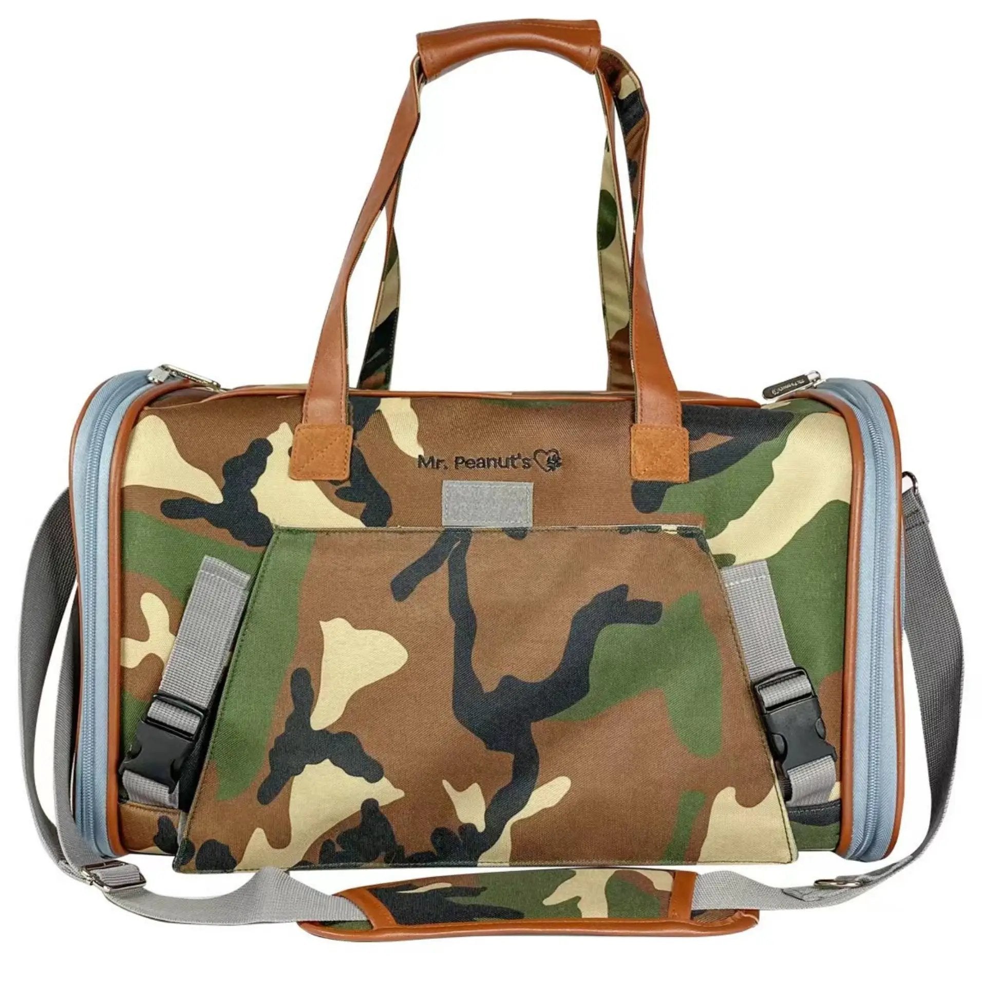 Mr. Peanut's Gold Series Prints Edition Pet Carrier, camouflage fabric with tan leather trim, airline compliant