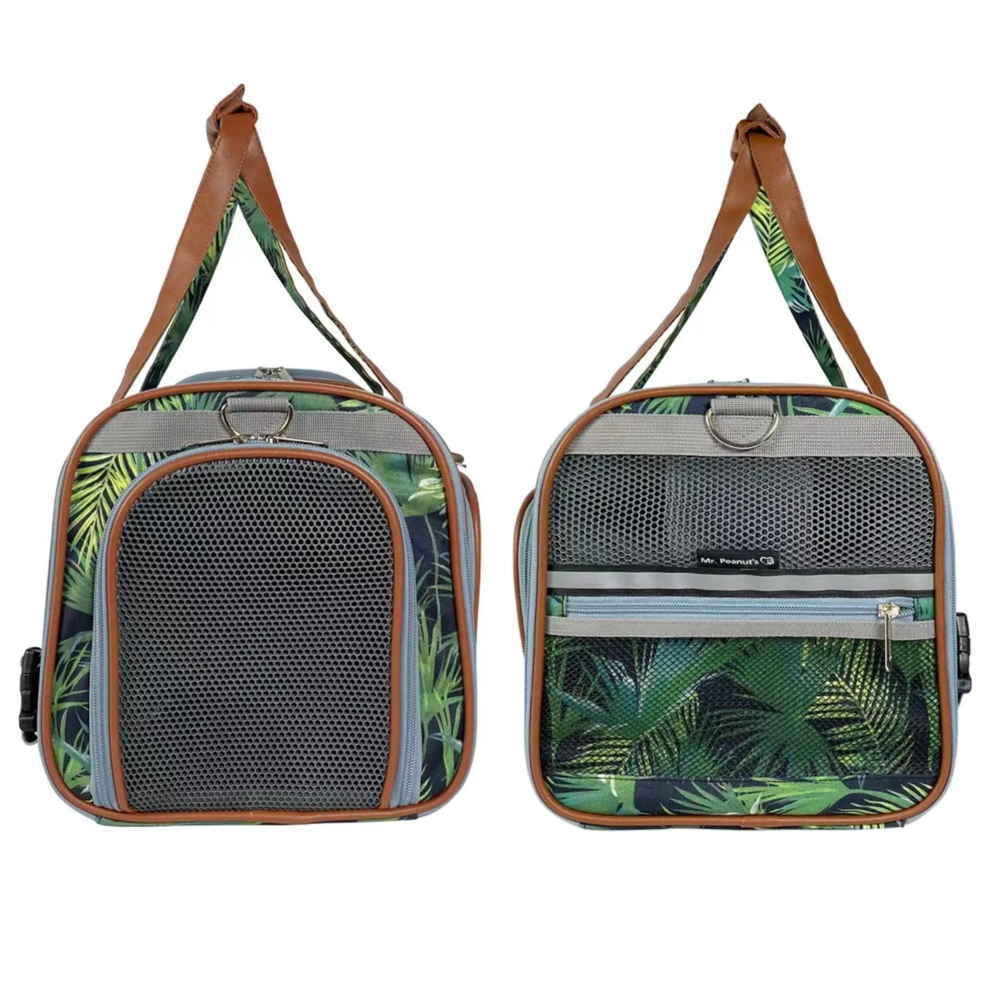 Mr. Peanut's Gold Series standard-size airline-compliant expandable pet carrier, tropical palm print (2 shown)