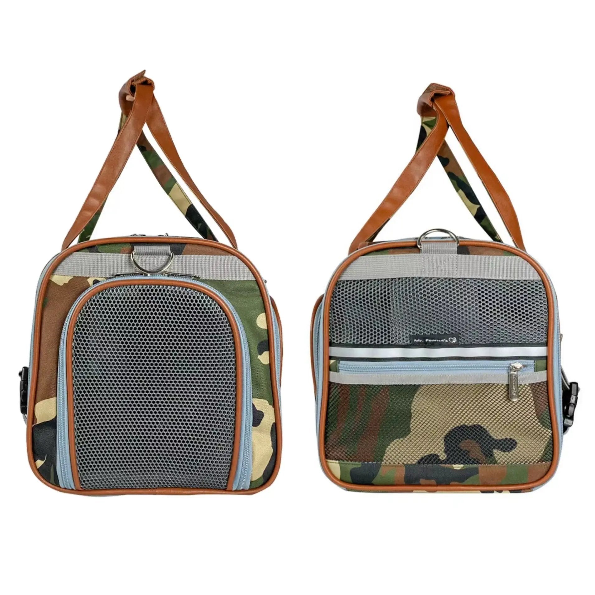 Mr. Peanut's Gold Series pet carrier, standard expandable airline-compliant, camouflage print; pair shown.