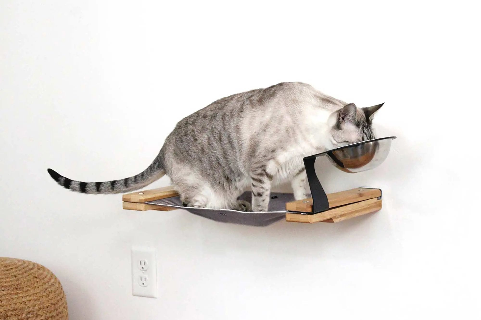 Dog Proof Cat Feeder, wall-mounted raised cat hammock with wooden platform and curved dish.