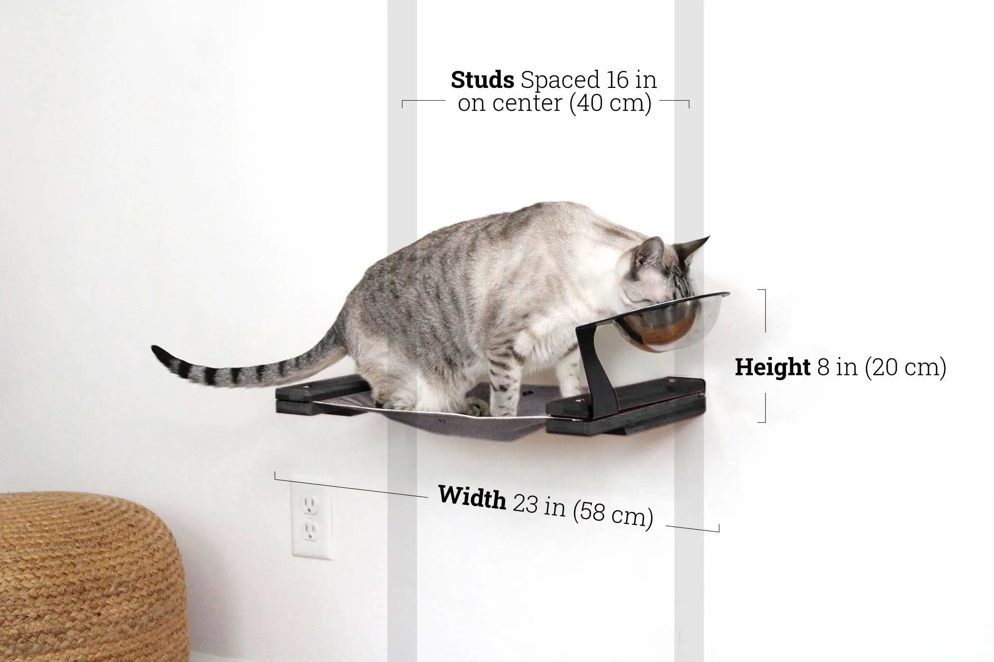 Cat hammock feeder by Catastrophic Creations, wall-mounted raised cat feeding platform