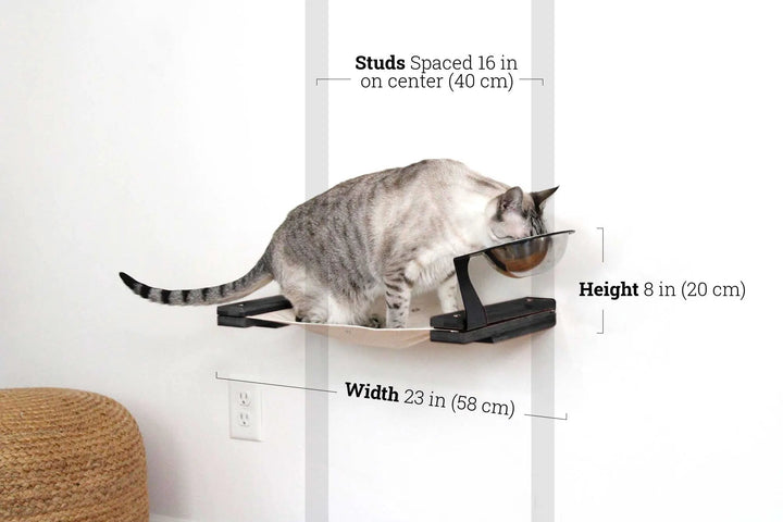 Cat Hammock by Catastrophic Creations, wall-mounted raised cat feeder with dish