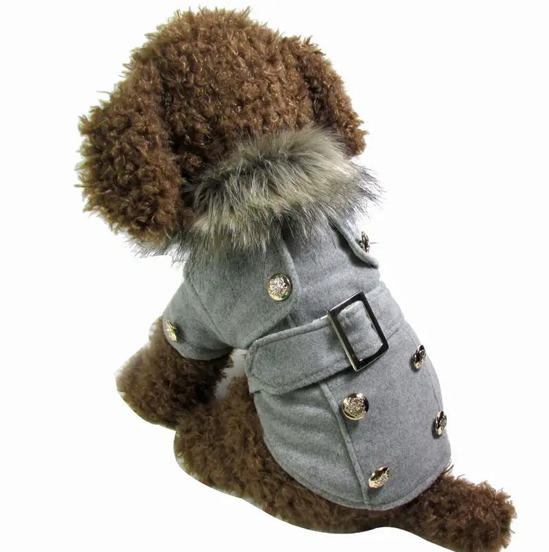 Dog clothes warm cotton pet clothing, grey furry jacket coat for dogs, perfect for winter outdoors.