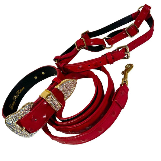 Bella Rosso Swarovski Crystal Collar, Leash & Harness Luxe Set, three-piece red patent leather with gold-tone hardware