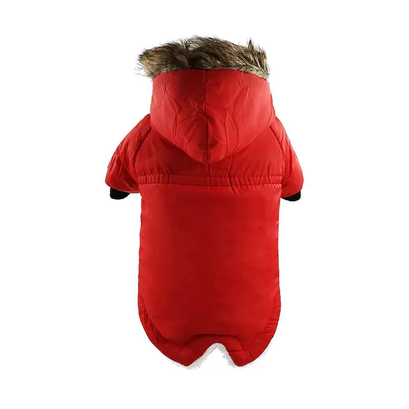 Dog Clothes Winter Thickened Warmth Cotton Pet Dogs Coat Jacket in red with fur hood, designed for warmth and style.