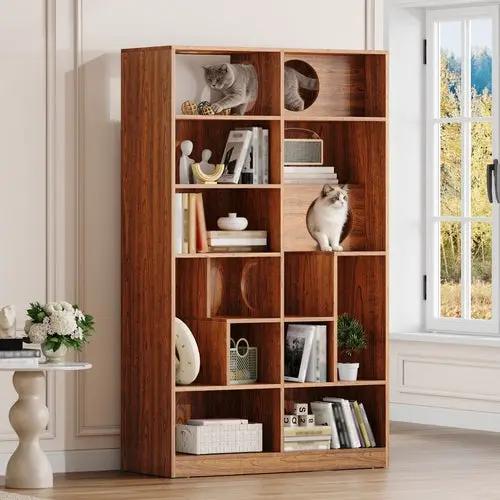 Modern 2-in-1 cat house bookshelf in Sangria Beech wood finish, cat tree display cabinet.