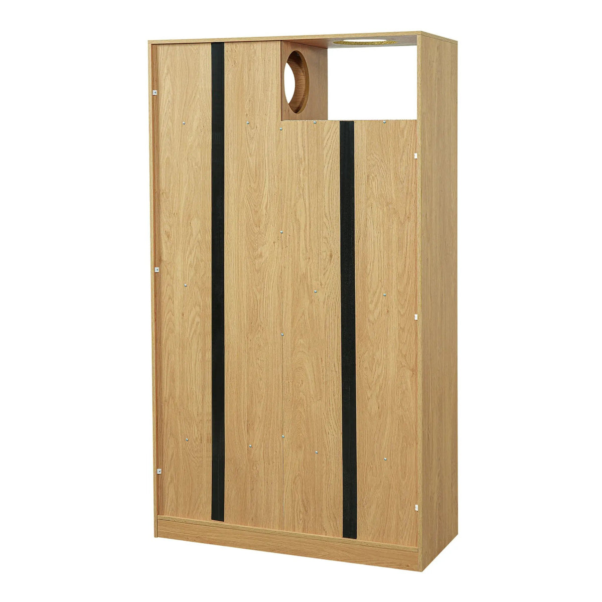 Modern 2-in-1 wooden cat house bookshelf with oak finish, black strap accents and circular hole
