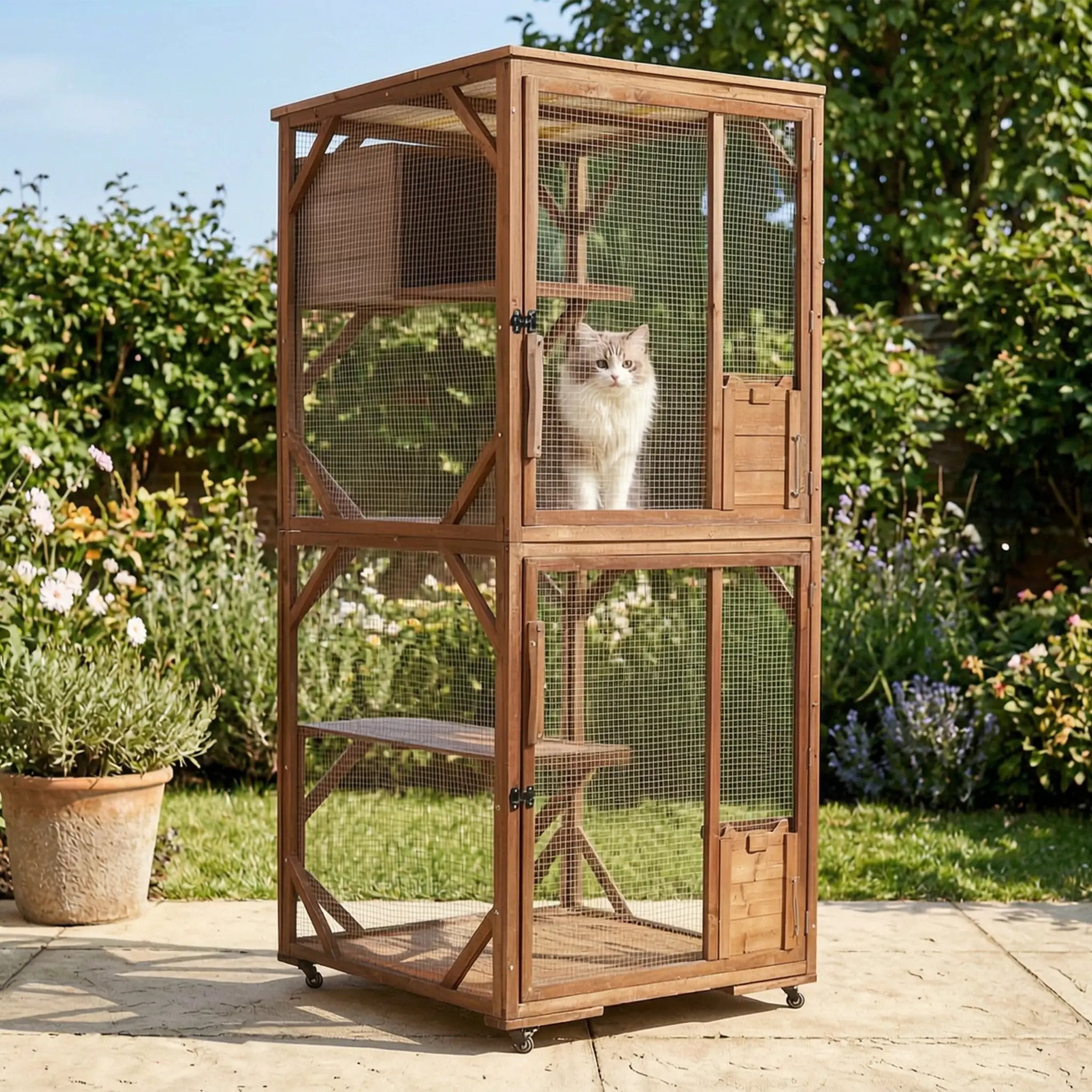 Large 2-tier wooden outdoor cat enclosure on lockable wheels with predator-proof wire mesh.