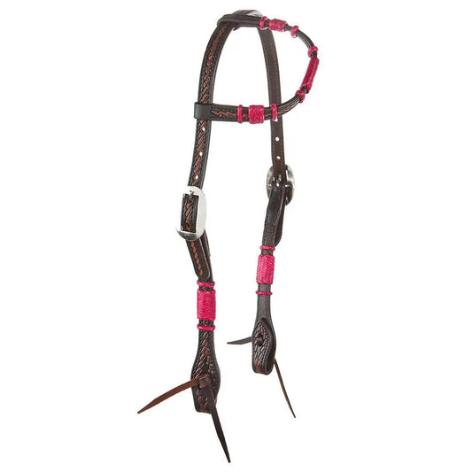 WD Tack Hot Pink Rawhide Rope Tooled Single Ear Headstall With Turquoise Dyed And Steel Buckles by Mayatex