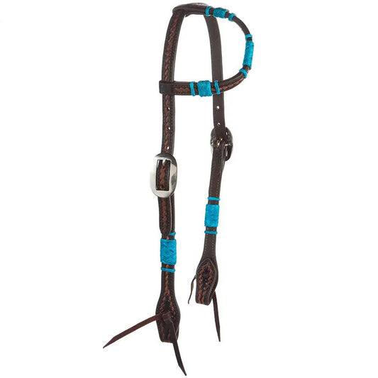 WD Tack Turquoise Dyed Rawhide Rope Tooled Single Ear Headstall by Mayatex