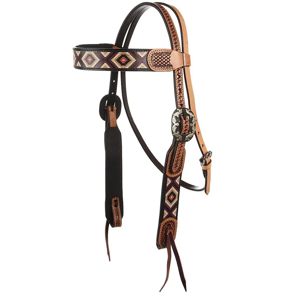 WD Tack Burgundy And Cream Embossed Beadwork Browband Headstall Heavy Oiled Leather Natural Rawhide Premium Horse Gear by Mayatex