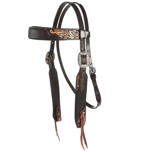 WD Tack Black Hide Overlay Tooled Browband Headstall Steel Hardware by Mayatex