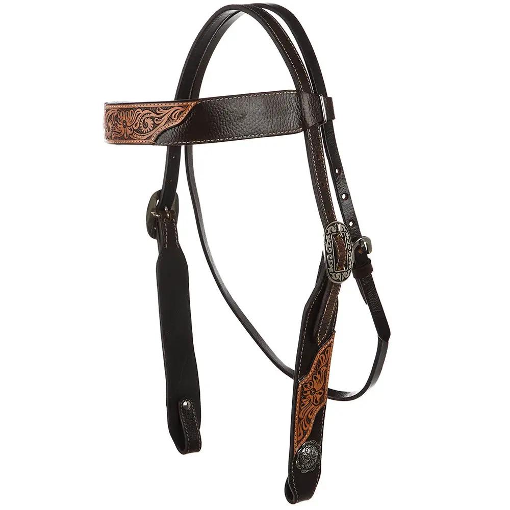 WD Tack Brown Overlay Tooled Combo Browband Headstall Floral Tooling Stainless Steel Hardware Black Hide Leather by Mayatex