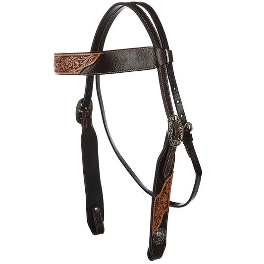 WD Tack Brown Overlay Tooled Combo Browband Headstall Floral Tooling Stainless Steel Hardware Black Hide Leather by Mayatex