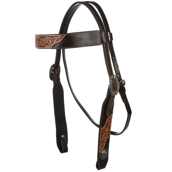 WD Tack Brown Overlay Tooled Combo Browband Headstall Floral Tooling Stainless Steel Hardware Black Hide Leather by Mayatex