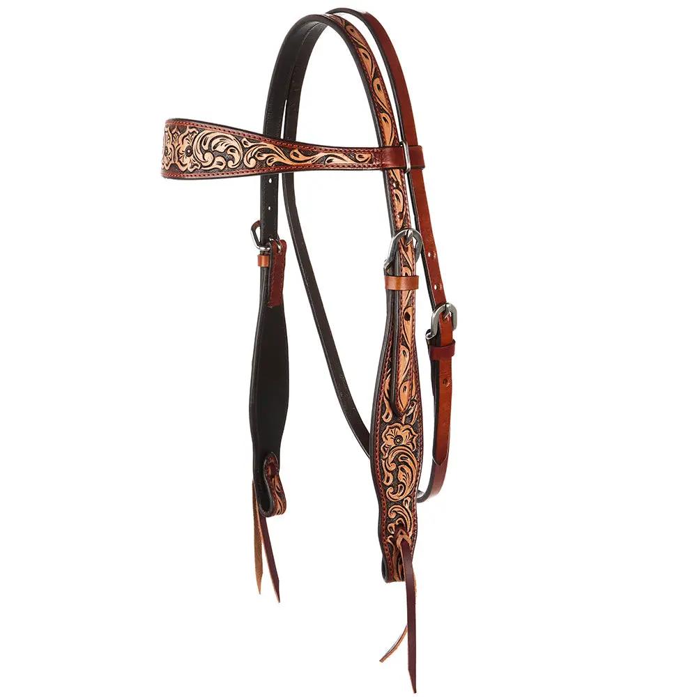 WD Tack Floral Tooled Chestnut Browband Headstall Stainless Steel by Mayatex