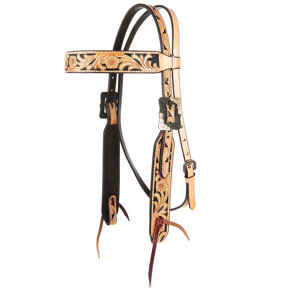 WD Tack Natural Floral Tooling Black Hide Browband Headstall by Mayatex