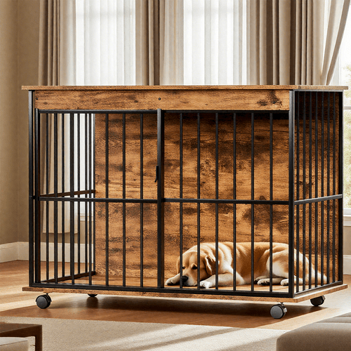 Large wooden dog crate furniture by Sangria Beech with removable tray and secure doors, wheels, black metal bars