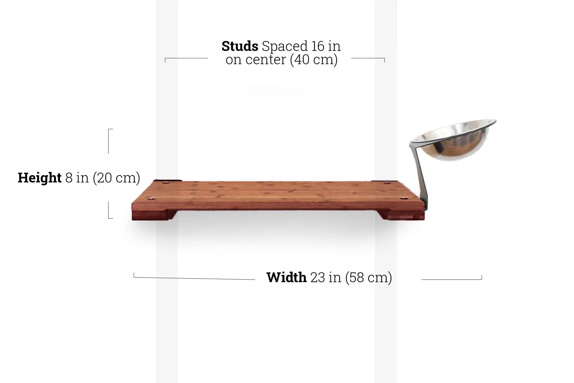 Wall-mounted cat feeding shelf by Catastrophic Creations; wooden shelf with stainless steel bowl