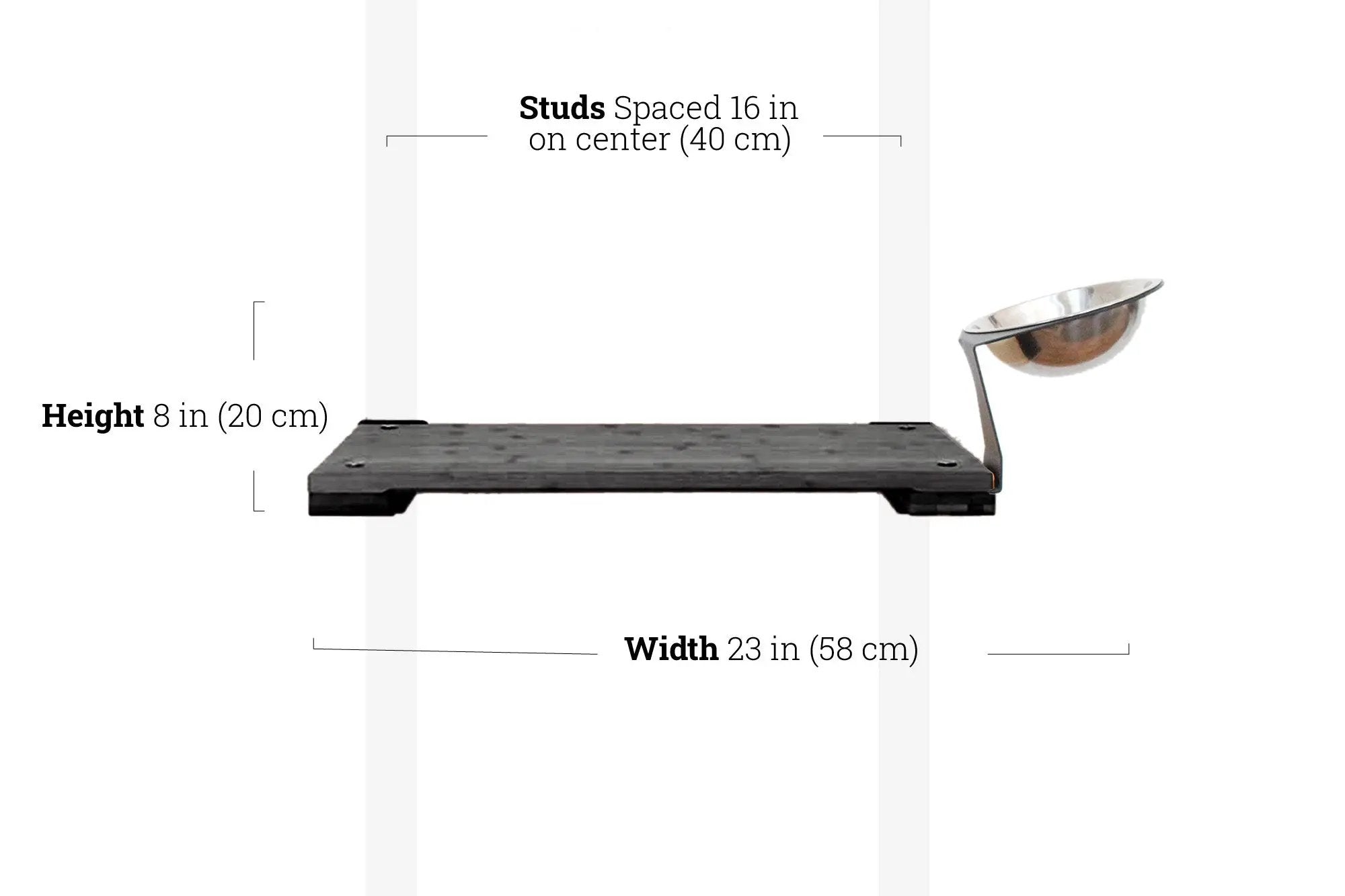Wall-mounted cat feeding shelf by Catastrophic Creations with dark wood platform and stainless steel bowl