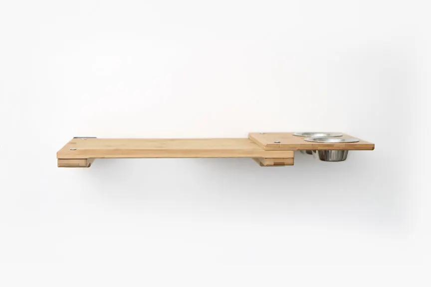 Wall Mounted Cat Feeding Shelf, wooden with two metal bowls