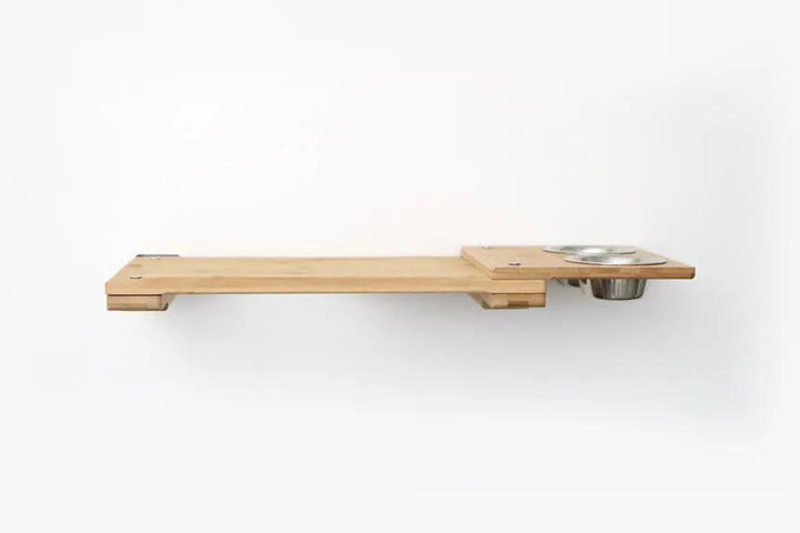 Wall Mounted Cat Feeding Shelf, wooden with two metal bowls