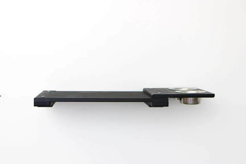 Wall Mounted Cat Feeding Shelf in black with metal bowls; cat furniture accessory.