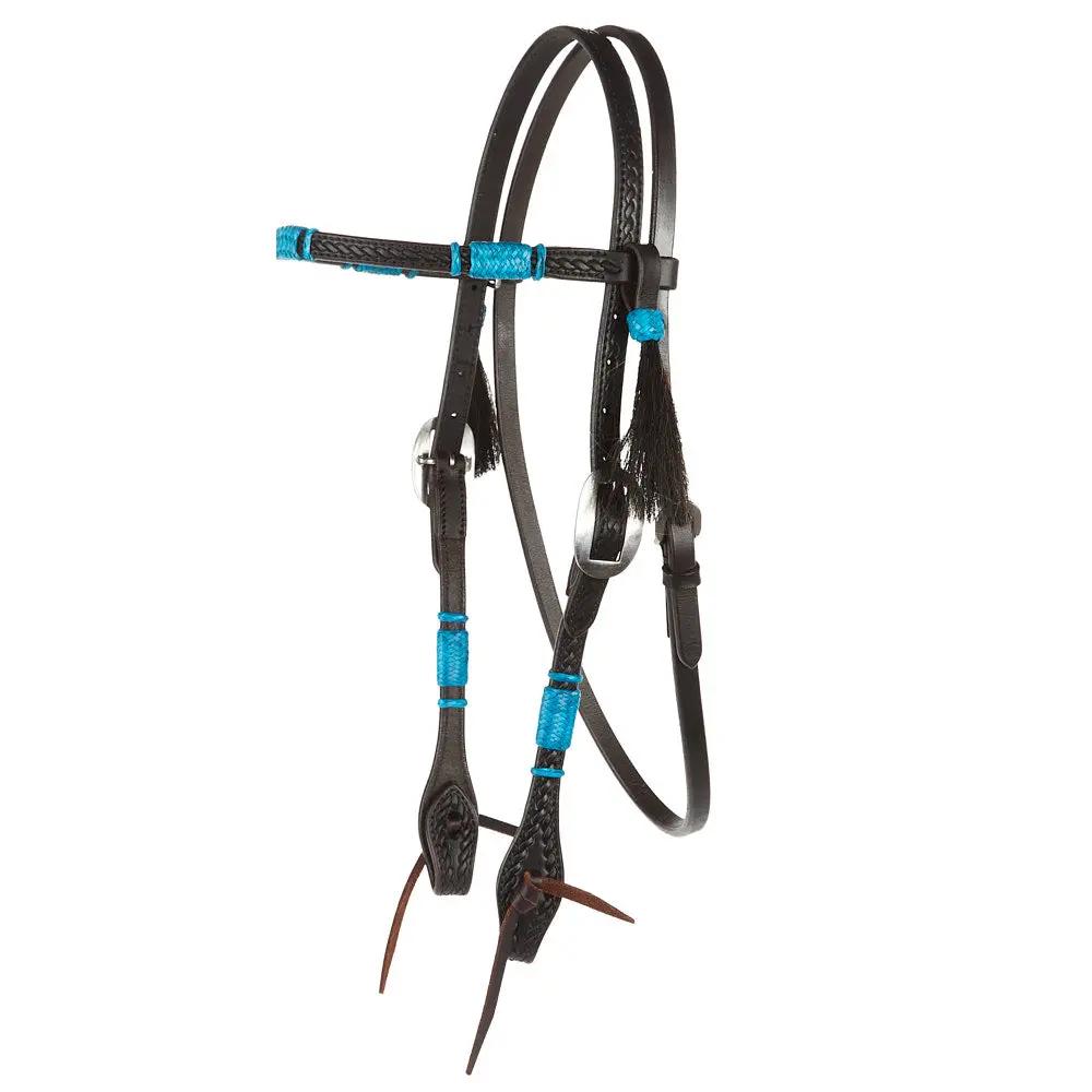 WD Tack Turquoise Rawhide Rope Tooled Browband Headstall With Heavy Stainless Steel Cart Buckles by Mayatex