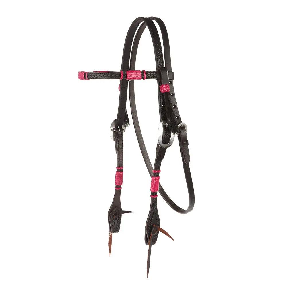 WD Tack Hot Pink Adjustable Rawhide Rope Tooled Browband Headstall by Mayatex