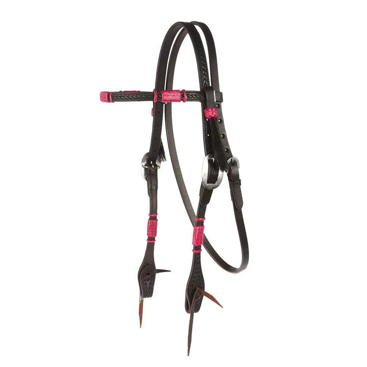 WD Tack Hot Pink Adjustable Rawhide Rope Tooled Browband Headstall by Mayatex