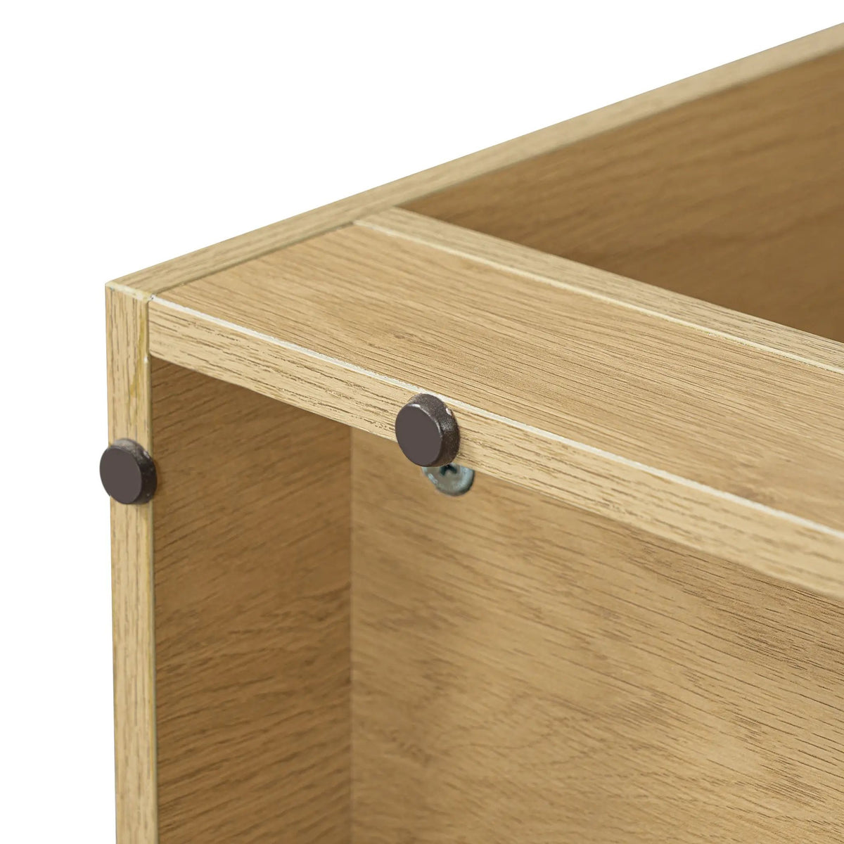 Wooden cabinet with light oak finish and black round knobs