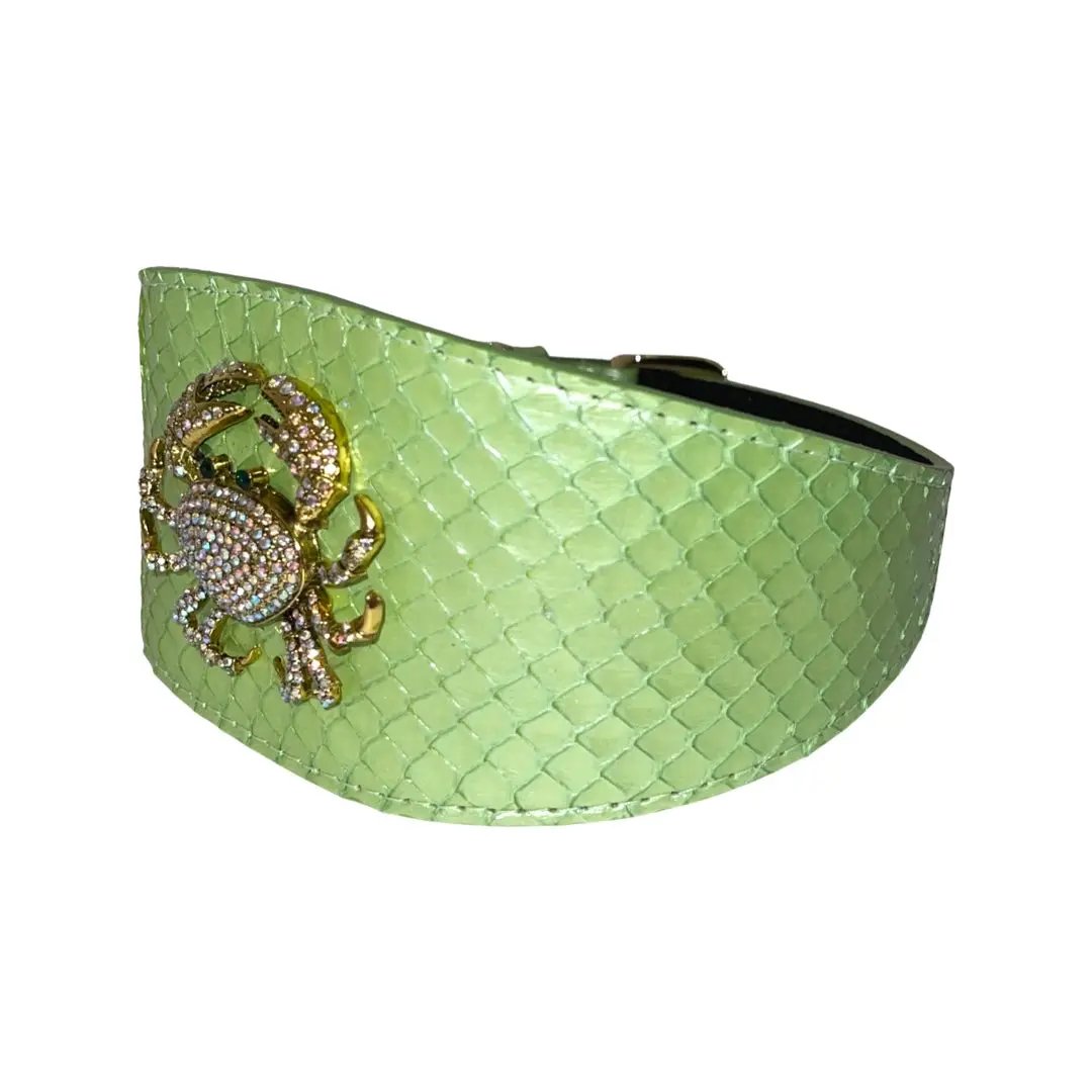 Sea Anemone pearl green wide-style snake collar with rhinestone crab accessory