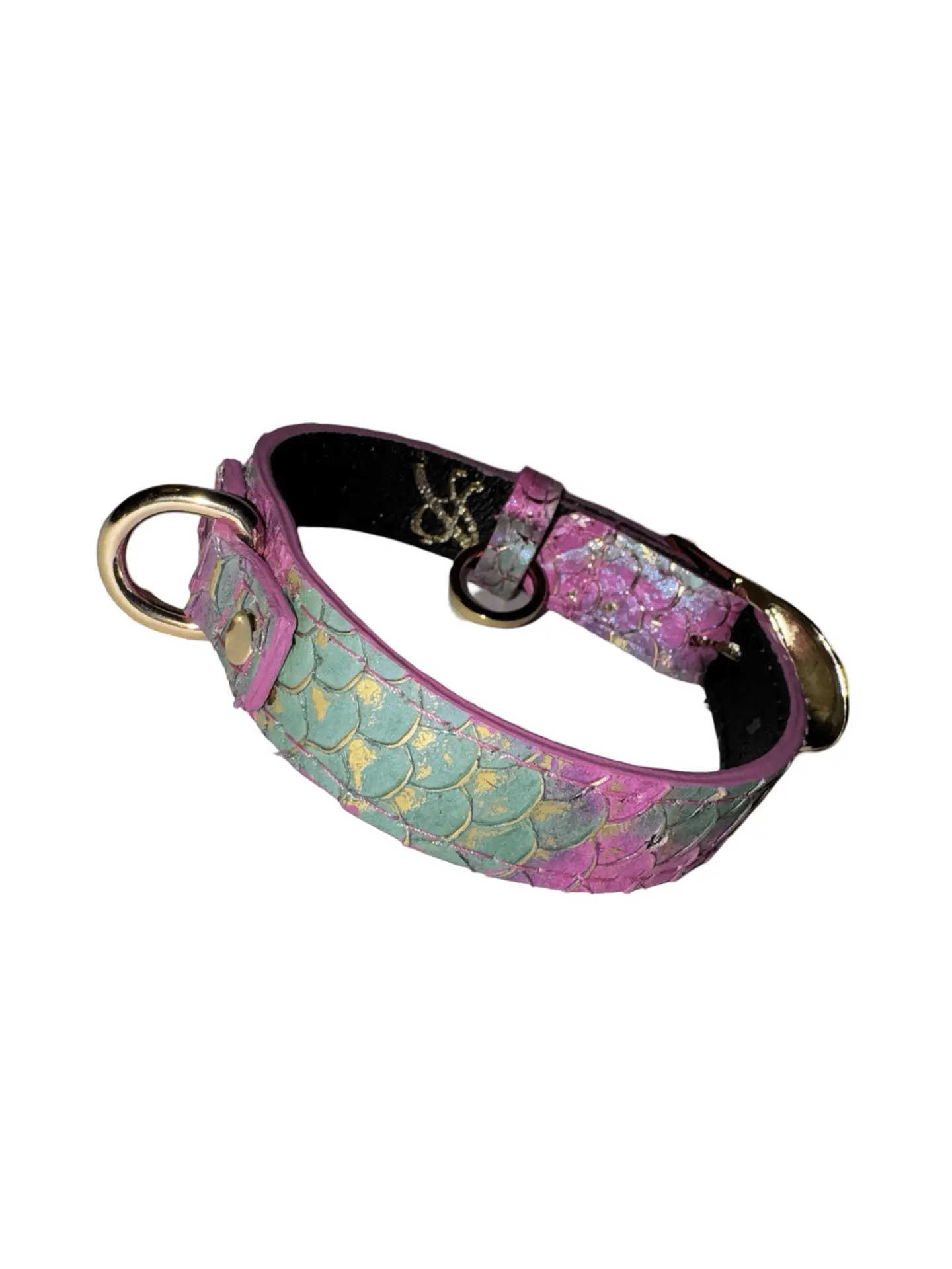 Mermaid Collection XS Collar with iridescent teal and pink scale pattern and gold hardware.