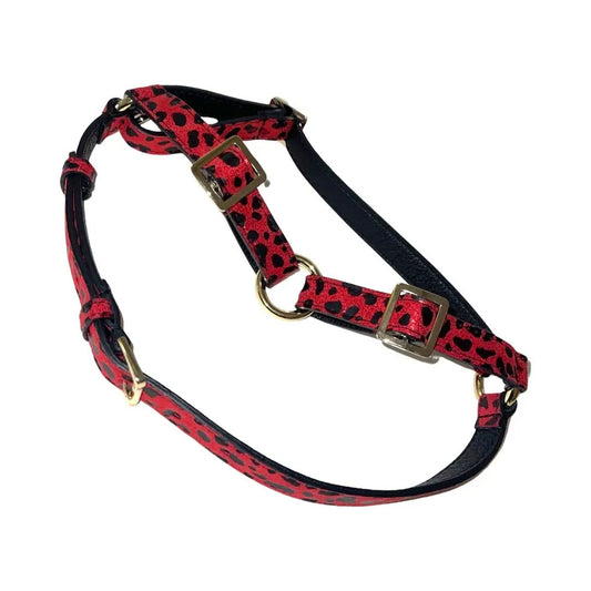 Red and black leopard print Italian leather harness with gold hardware and adjustable straps