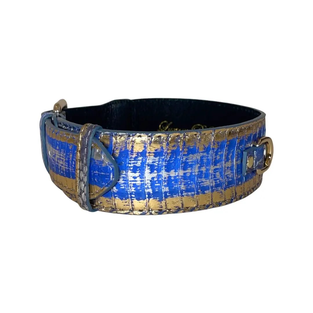 Stunning multi-color snake-pattern collar in blue, silver and gold with gold hardware