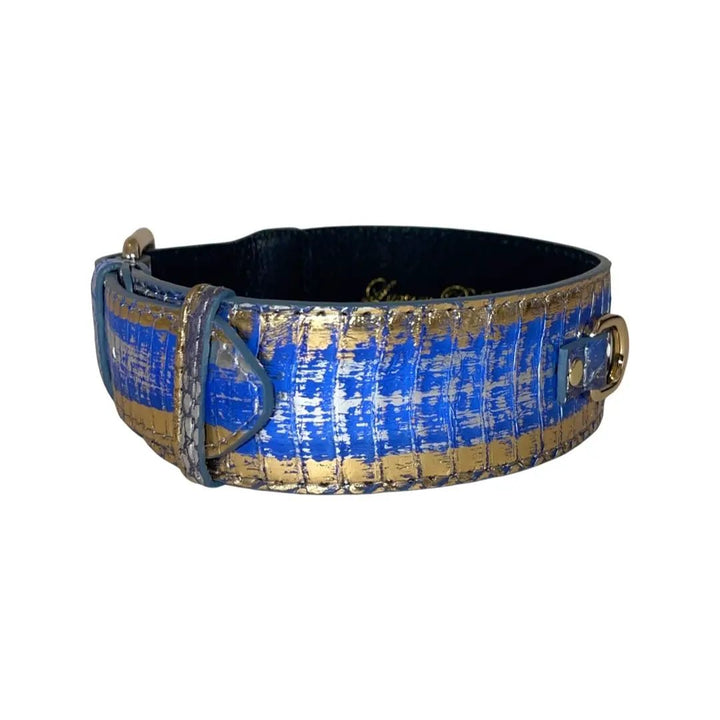 Stunning multi-color snake-pattern collar in blue, silver and gold with gold hardware