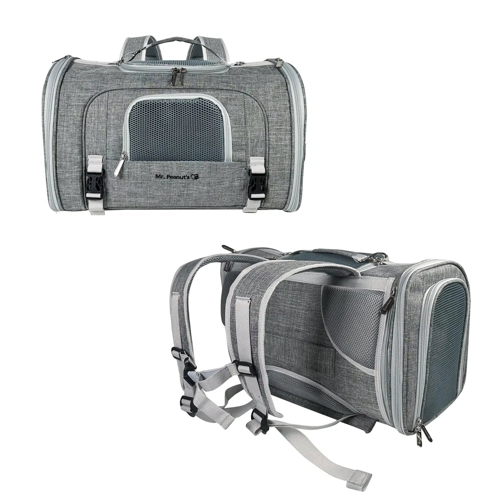 Mr. Peanut's Monterey Series airline-compliant horizontal backpack pet carrier in grey fabric with mesh panel