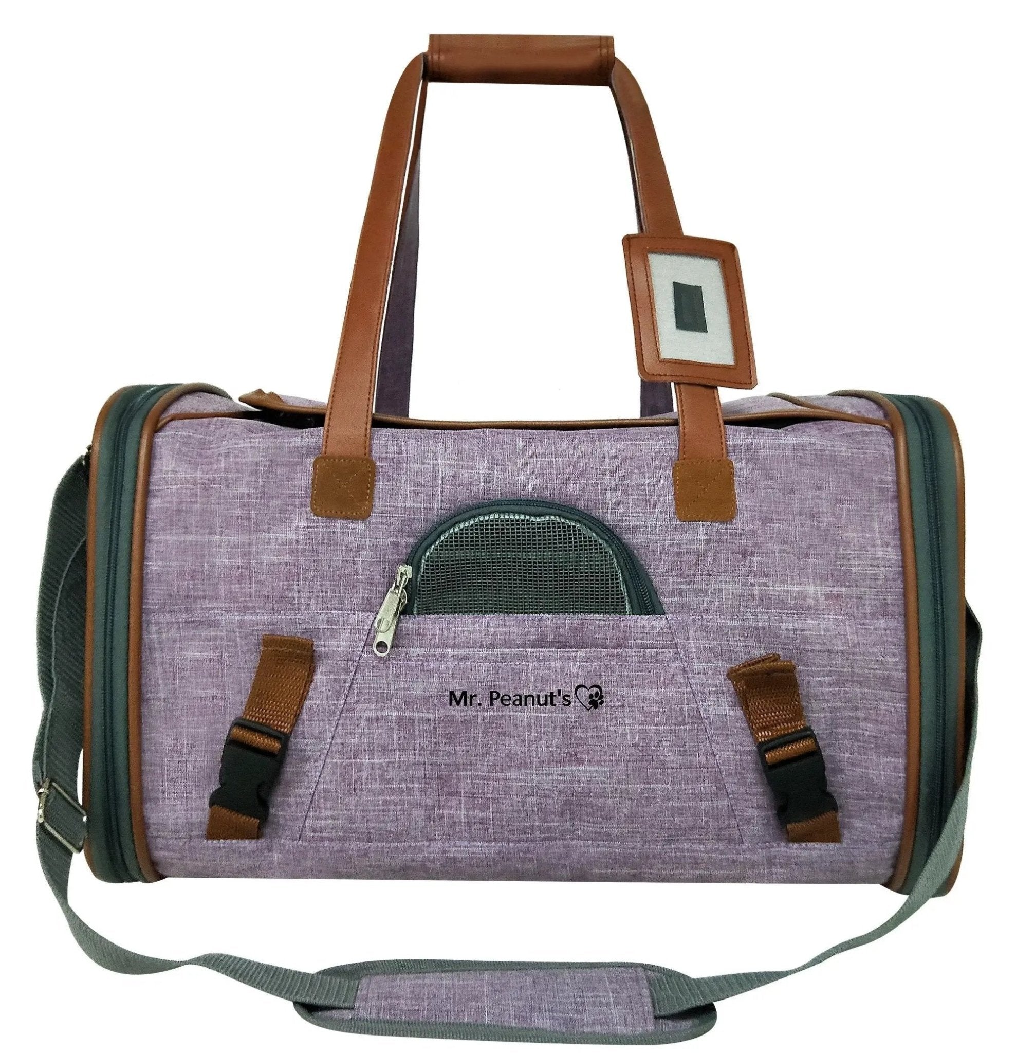 Mr. Peanut's Gold Series V2.0 Pet Carrier; purple fabric with brown leather straps and a front mesh panel.