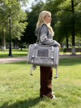 Charger l'image dans la visionneuse de la galerie, Mr. Peanut's Monterey Series Airline Compliant Horizontal Backpack Pet Carrier in grey, worn by a person outdoors.
