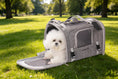 Charger l'image dans la visionneuse de la galerie, Mr. Peanut's Monterey Series horizontal backpack pet carrier in grey with a mesh panel and a white fluffy dog peeking out.
