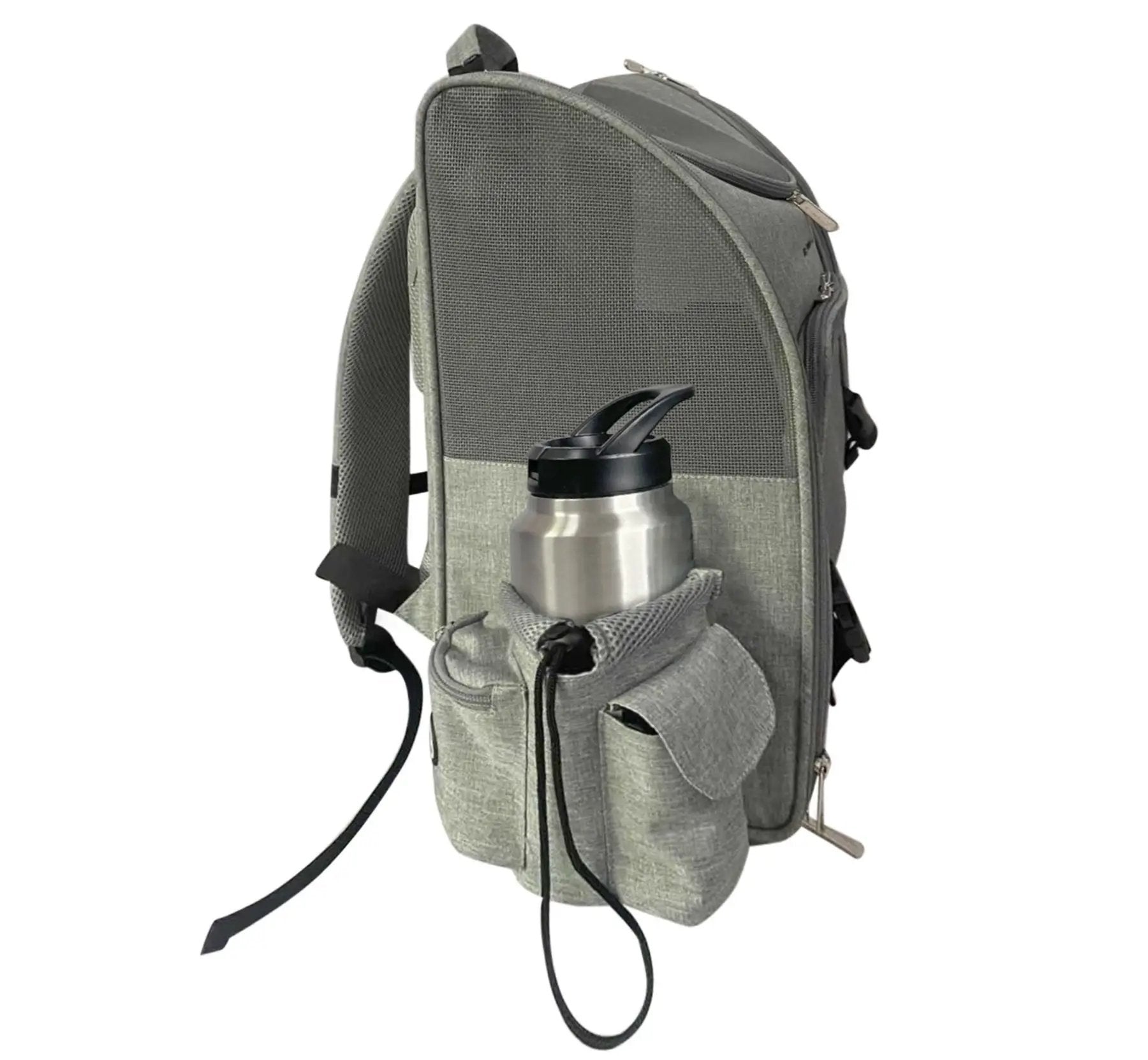 Mr. Peanut's Aspen Series airline-compliant backpack pet carrier in gray fabric with a side water bottle pocket