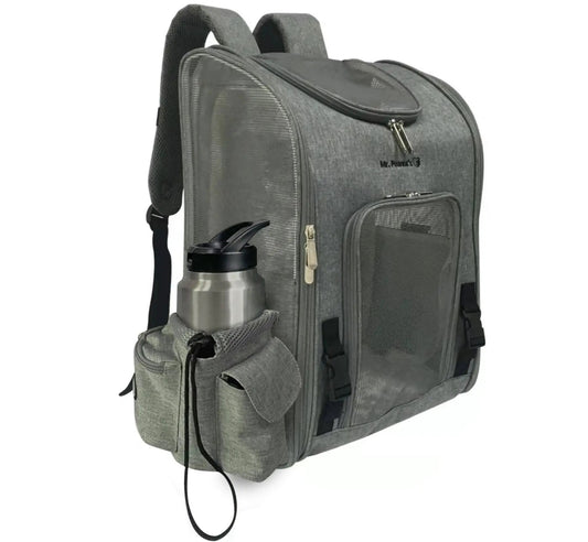 Mr. Peanut's Aspen Series airline-compliant backpack pet carrier in gray with mesh panels and side pockets