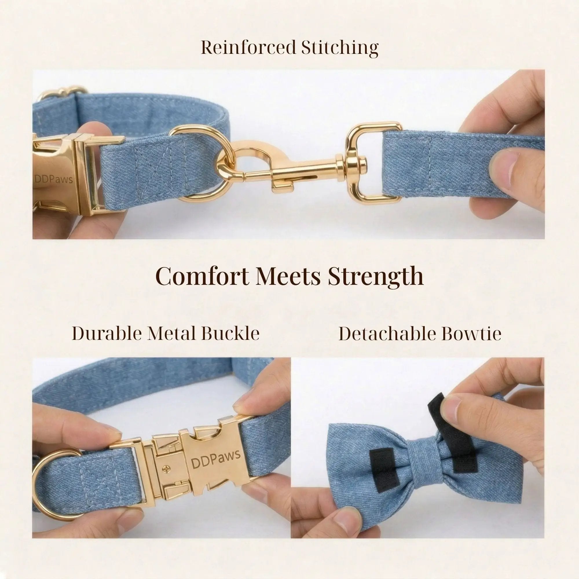 Luxury Blue Denim Dog Harness Leash Bow Tie Set Personalized Buckle by DDPaws