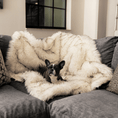 Load image into Gallery viewer, PupProtector Waterproof Throw Blanket on a gray sofa; fluffy white faux fur with brown accents.
