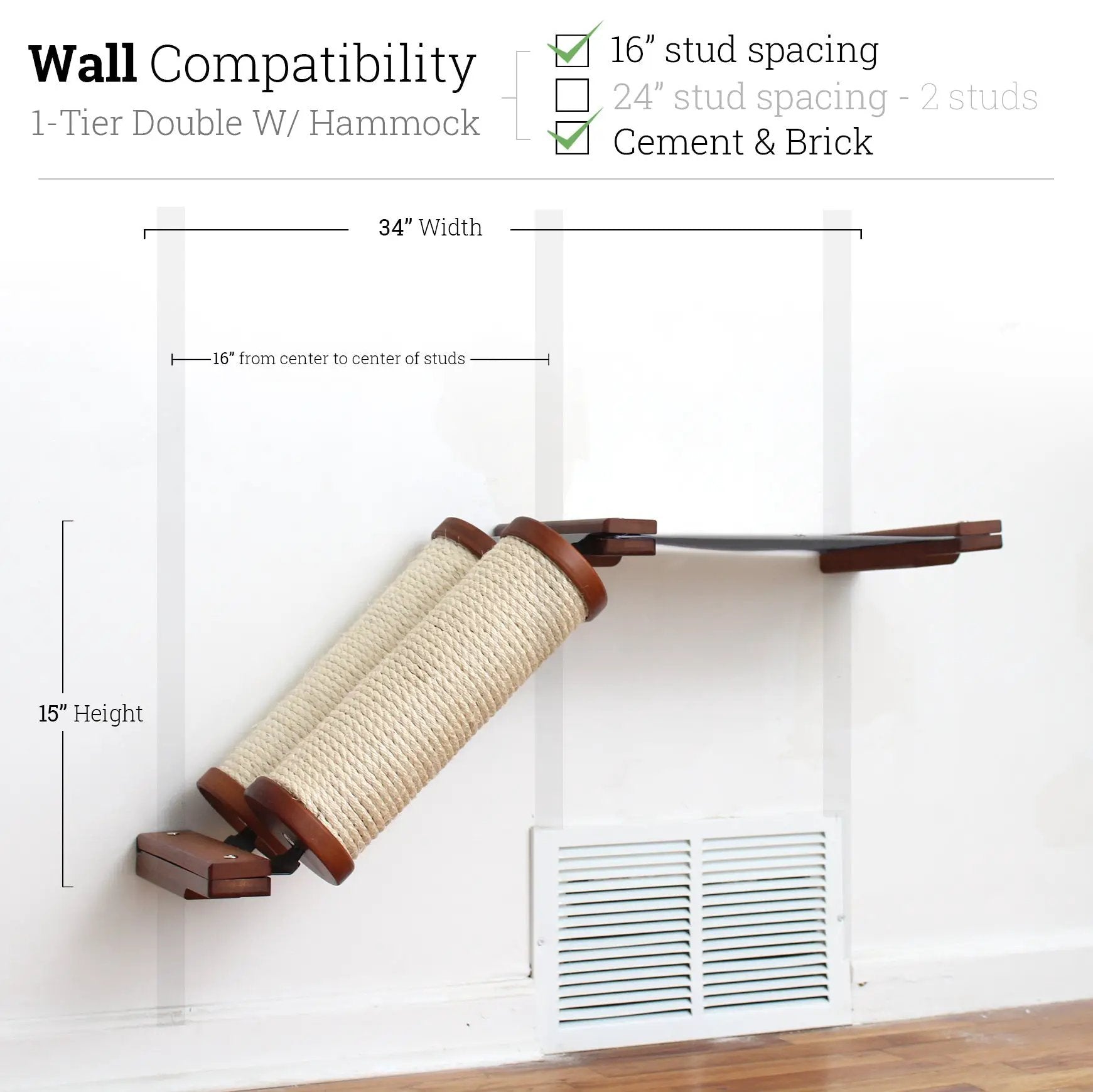 Slanted Cat Scratcher for Wall with rope-wrapped ramp and wooden end caps, wall-mounted cat steps