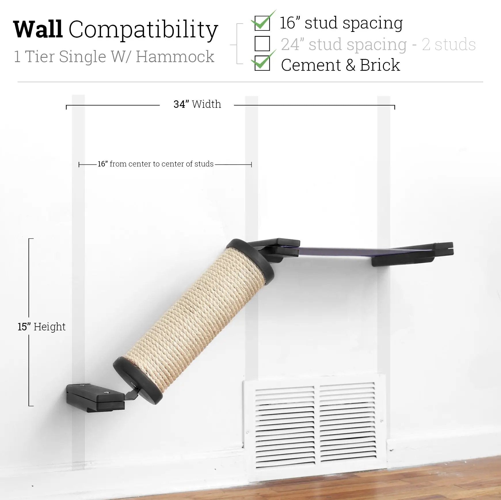 Slanted Cat Scratcher for Wall; rope-wrapped beige sisal cylinder with black wall brackets.