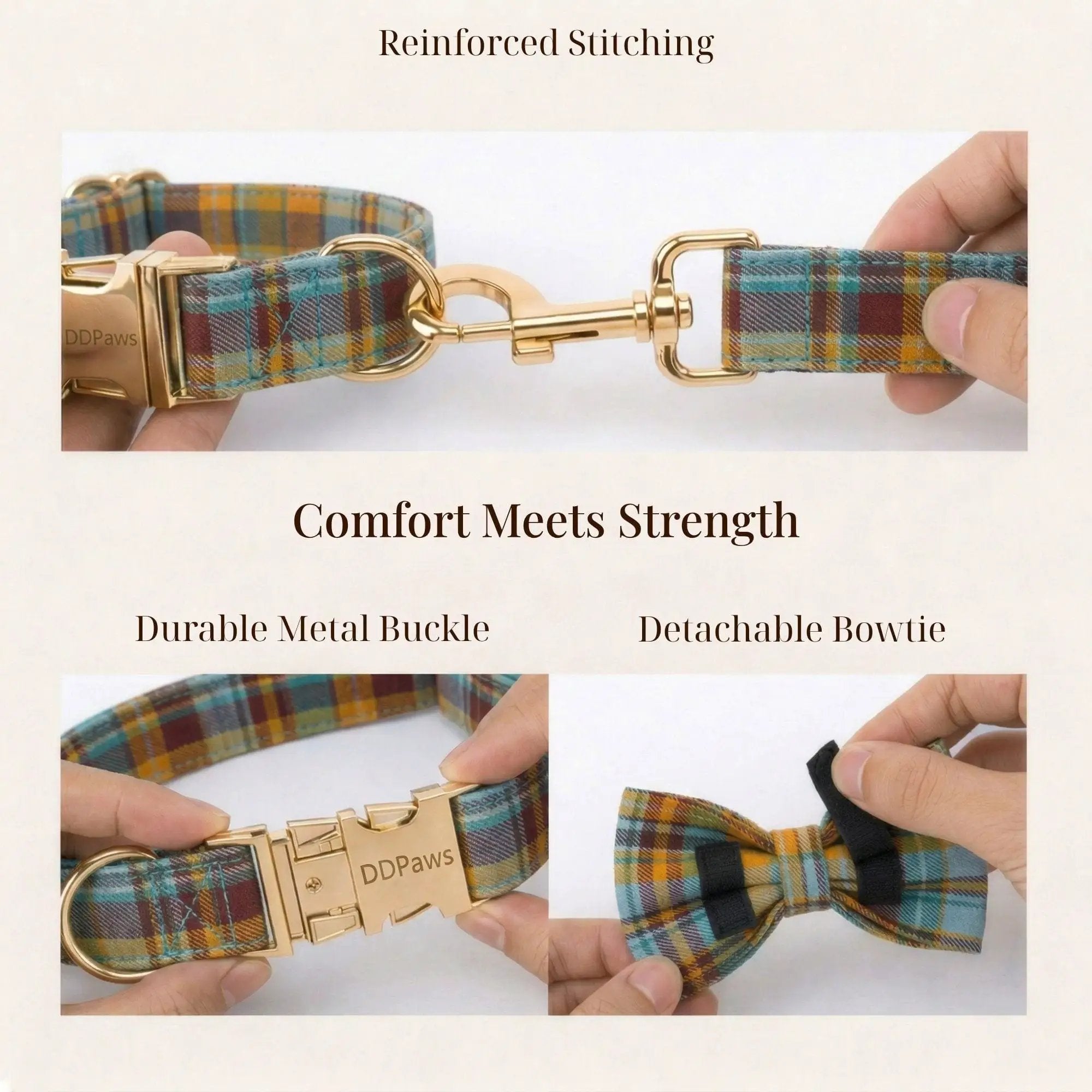 Autumn Blue Plaid Custom No Pull Dog Harness Collar Leash Bow Tie Set With Waste Bag Holder by DDPaws
