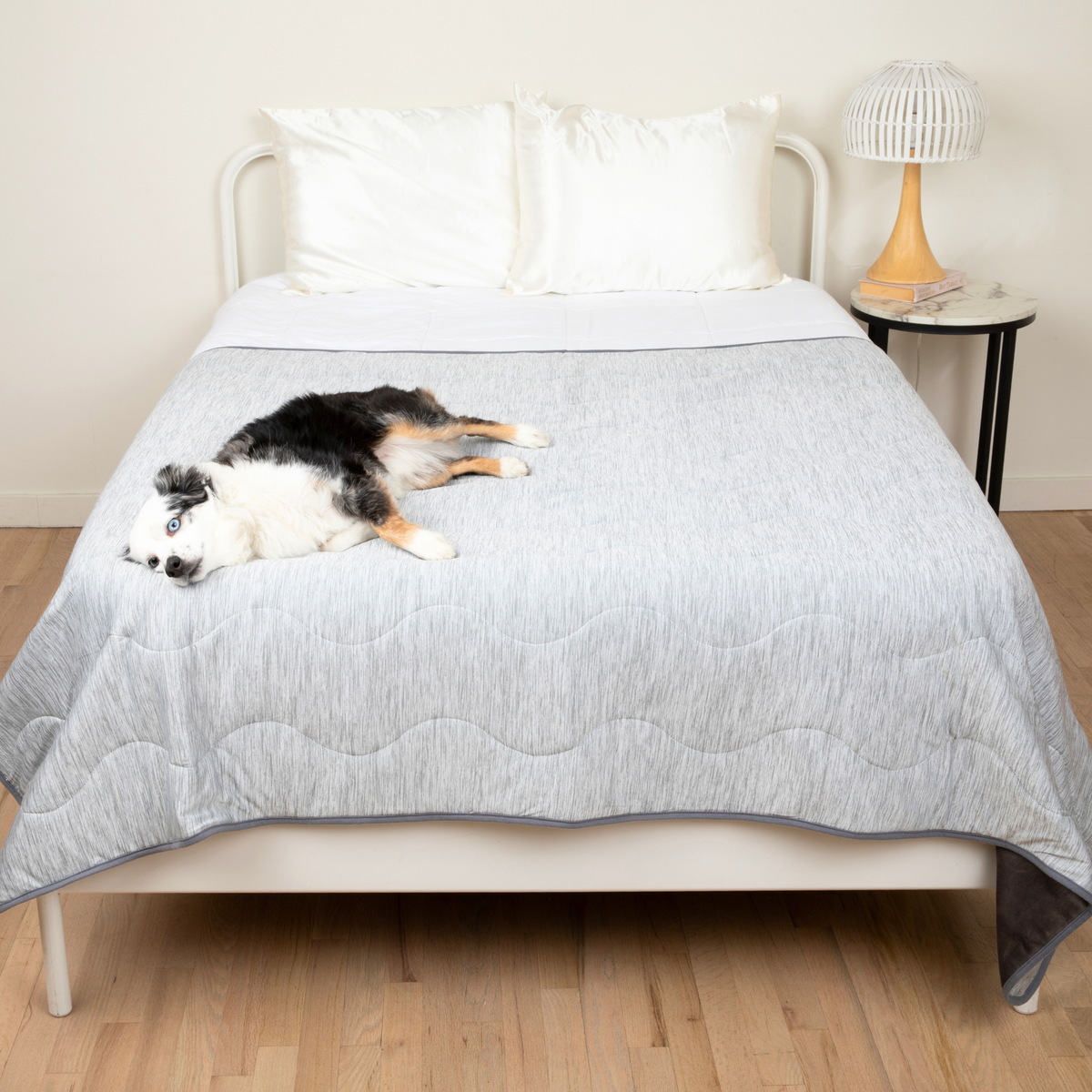 PupChill Cooling Waterproof Blanket Arctic Grey by Paw.com on a bed with a lounging dog and a white bedside lamp.